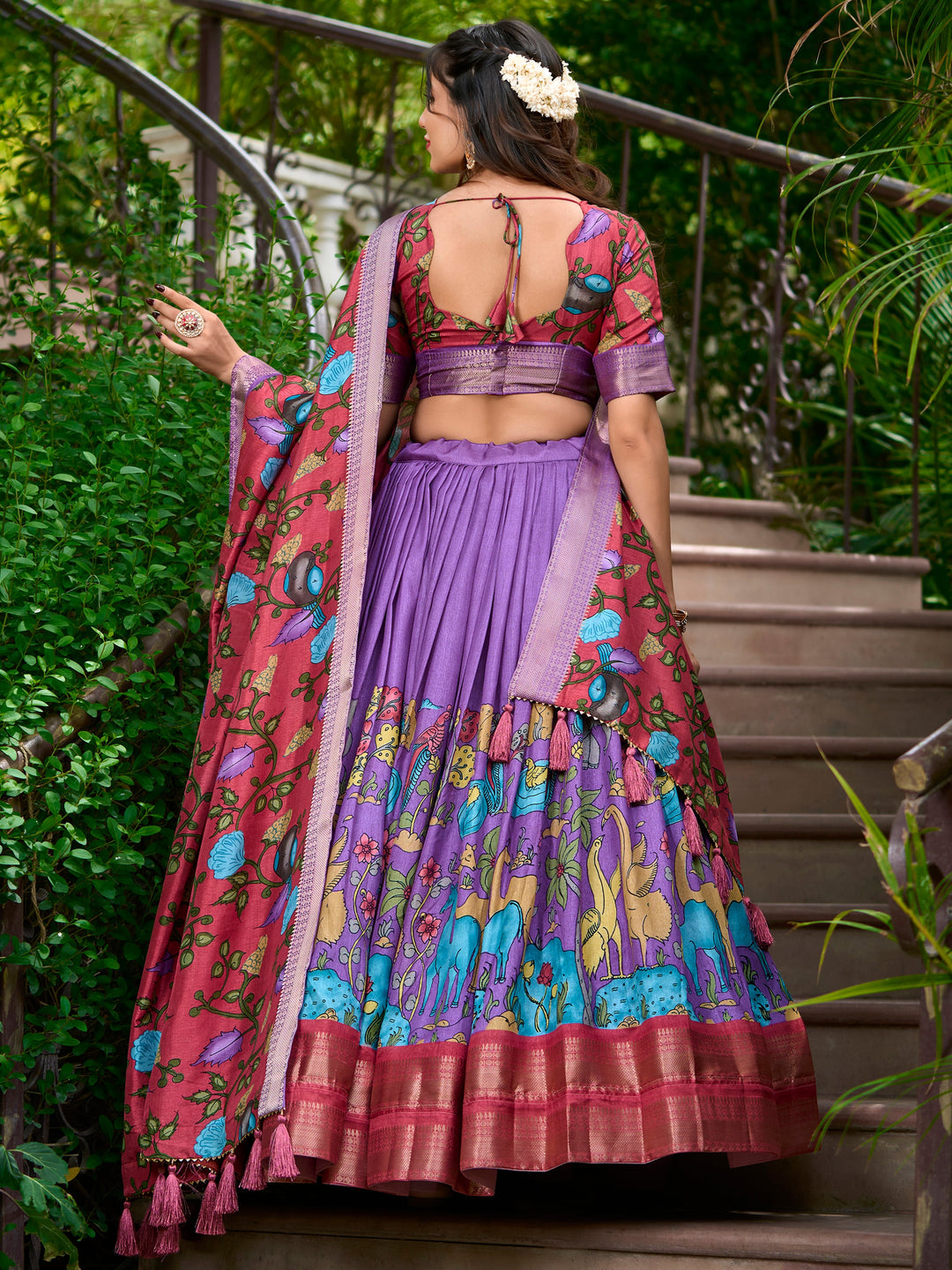 Coral Red Blouse & Lavender Lehenga | Zari Work, Kalamkari Print