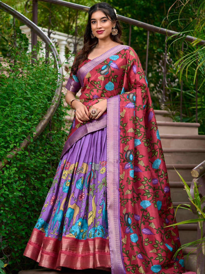 Coral Red Blouse & Lavender Lehenga | Zari Work, Kalamkari Print