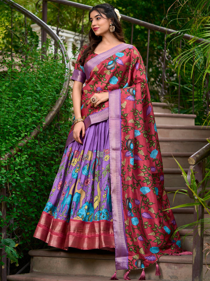 Coral Red Blouse & Lavender Lehenga | Zari Work, Kalamkari Print