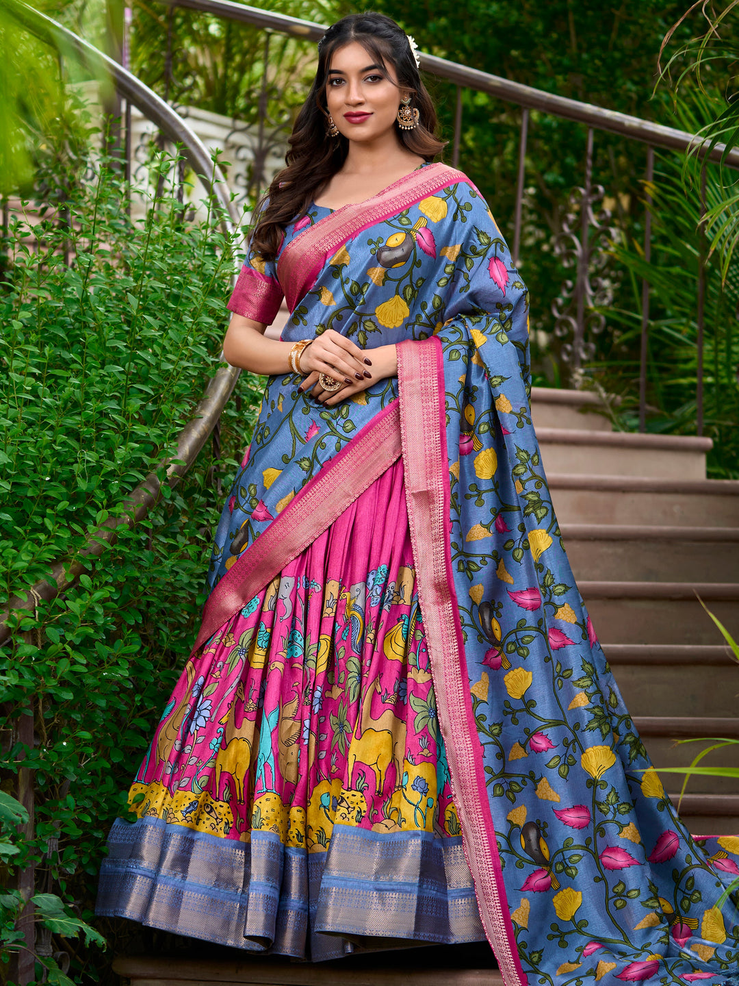 Zari-Embellished Rani Pink Lehenga | Kalamkari Print & Grey Blouse