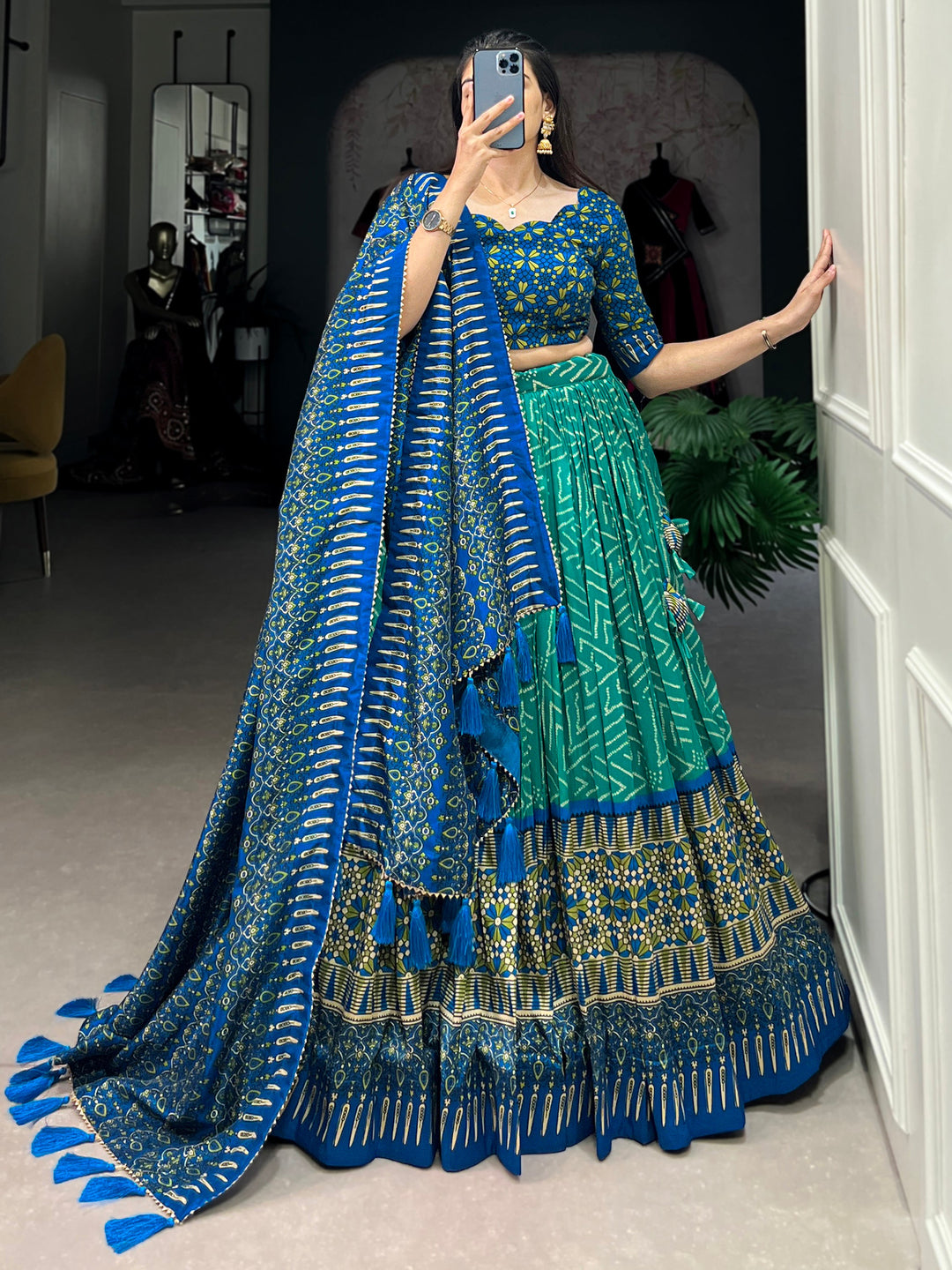 Lovely Teal Green Digital Printed Tussar Silk Event Wear Lehenga Choli