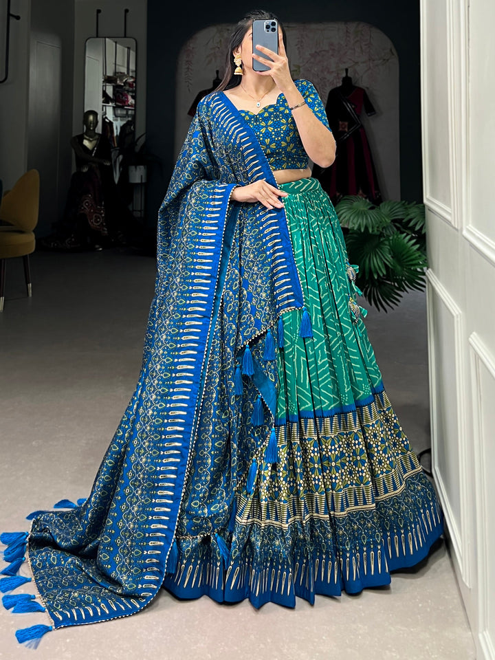 Lovely Teal Green Digital Printed Tussar Silk Event Wear Lehenga Choli