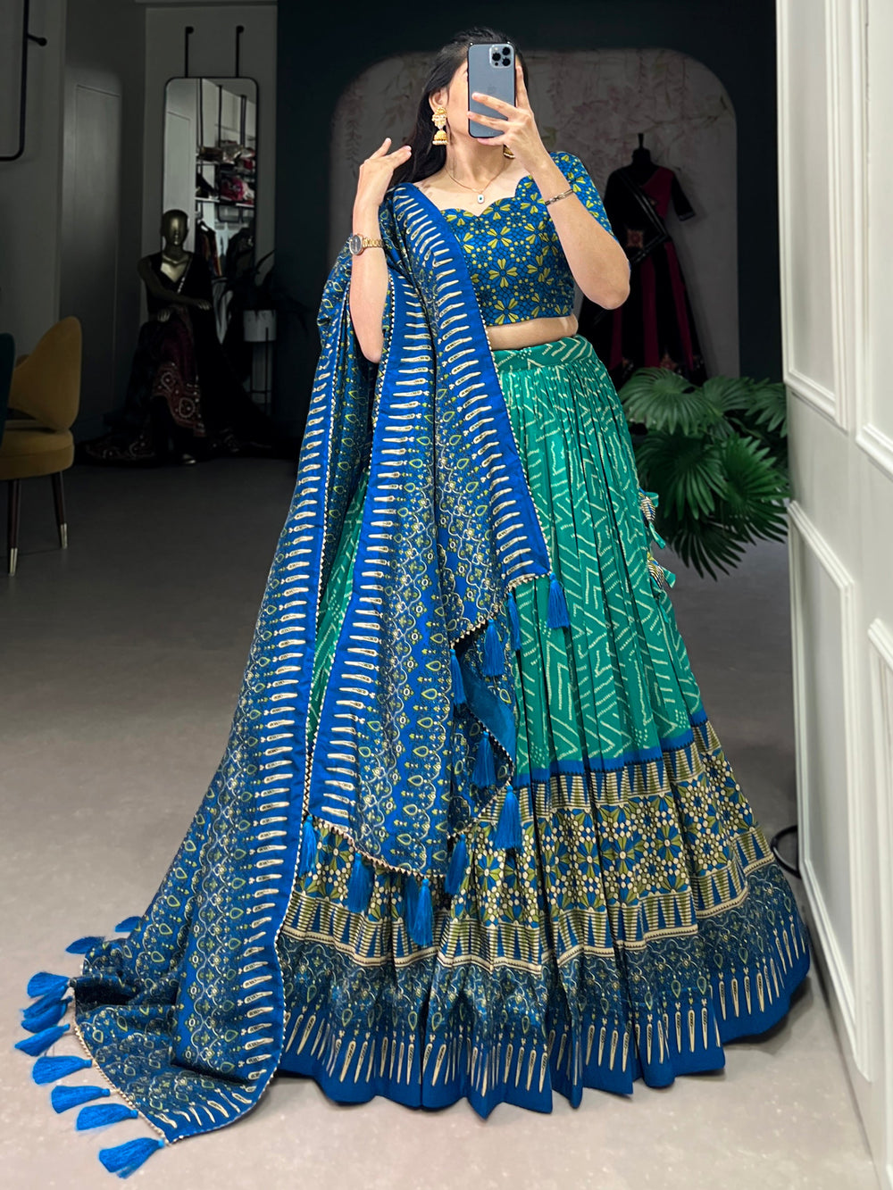 Lovely Teal Green Digital Printed Tussar Silk Event Wear Lehenga Choli