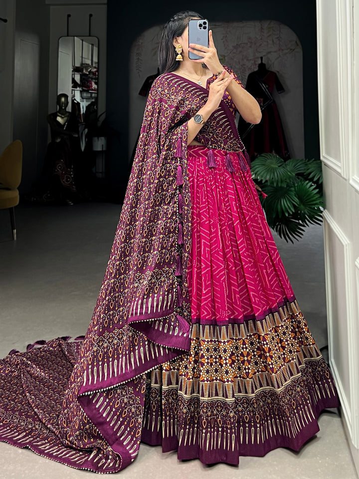 Gorgeous Pink Digital Printed Tussar Silk Lehenga Choli With Dupatta