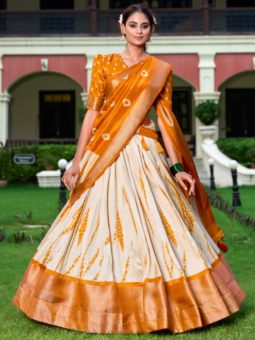 Pretty Mustard Yellow Shibori Print Silk Traditional Lehenga Choli