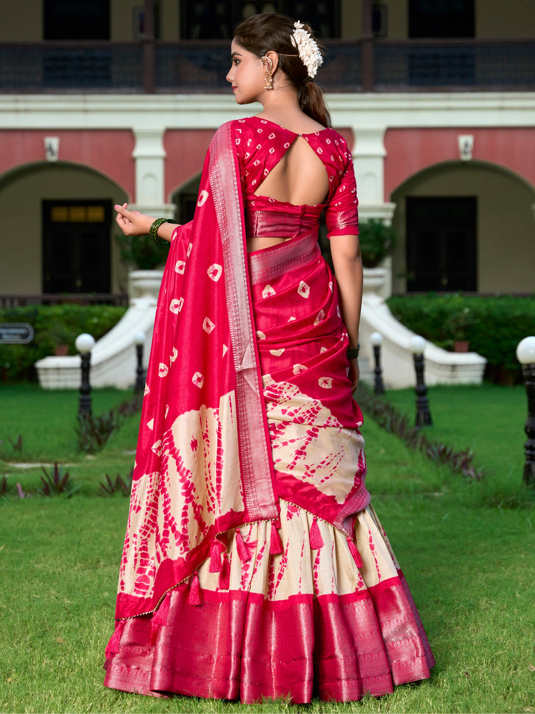 Stunning Cream Shibori Printed Silk Festival Wear Lehenga Choli