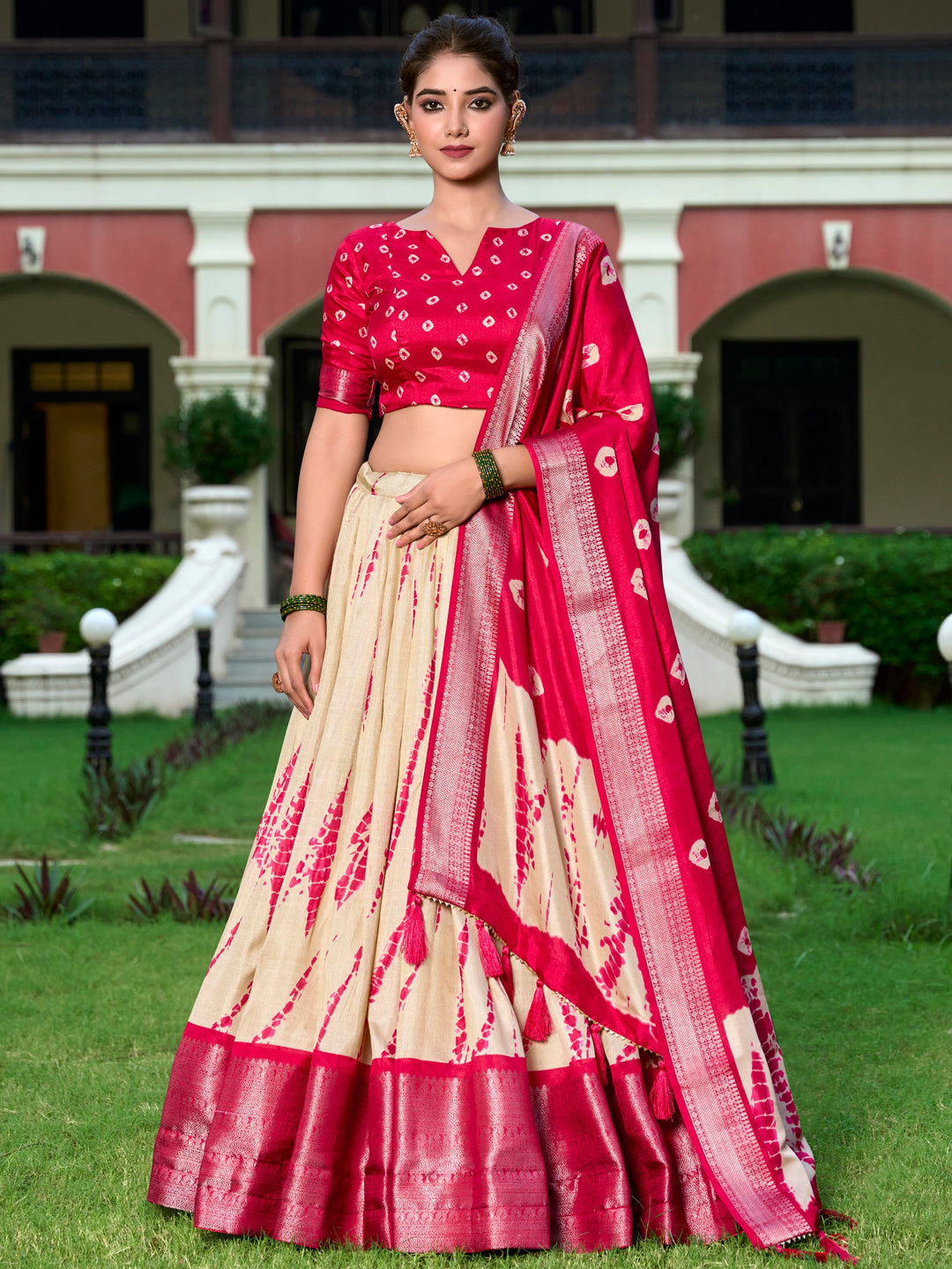 Stunning Cream Shibori Printed Silk Festival Wear Lehenga Choli