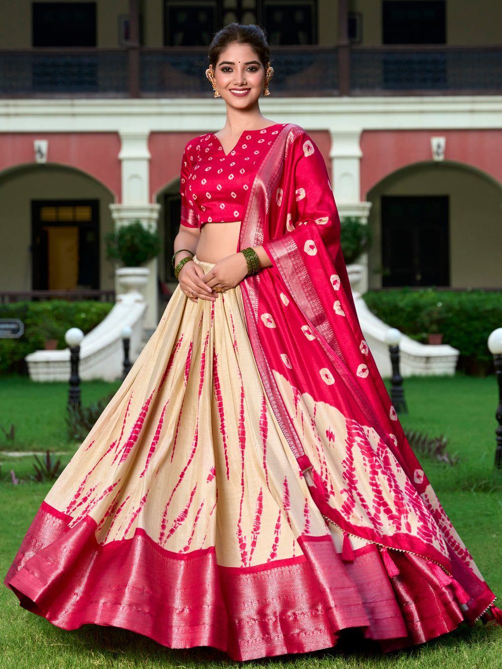 Stunning Cream Shibori Printed Silk Festival Wear Lehenga Choli