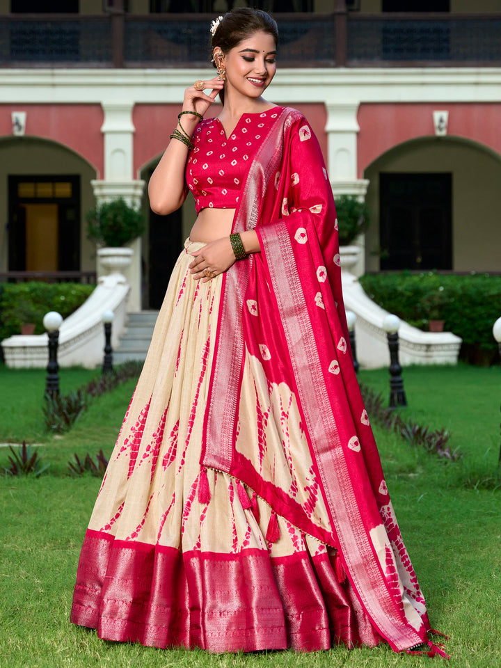 Stunning Cream Shibori Printed Silk Festival Wear Lehenga Choli