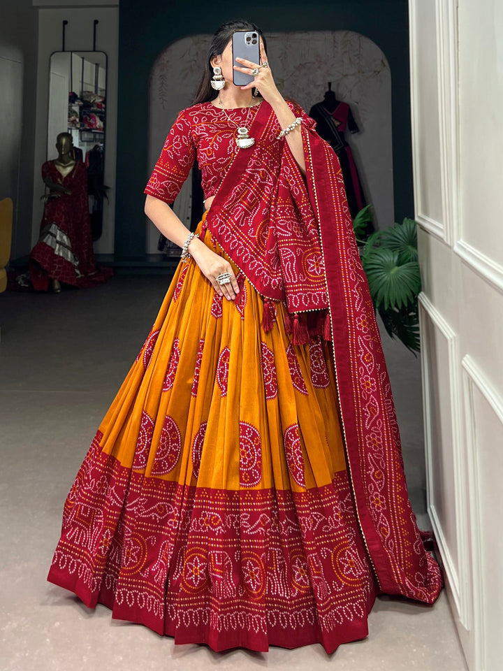 Charming Yellow Bandhani Printed Silk Navratri Wear Lehenga Choli