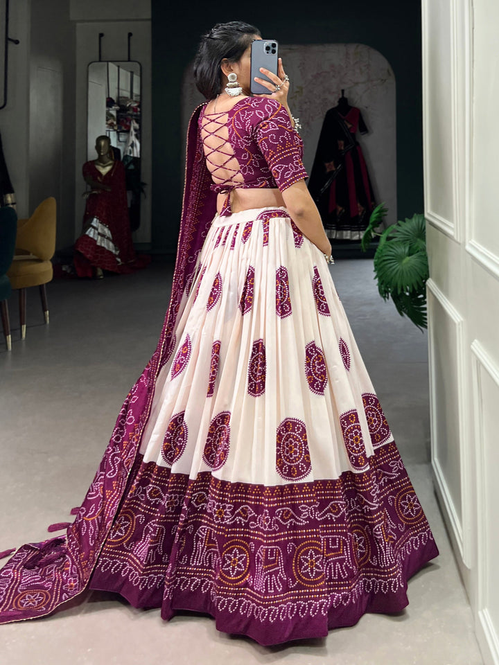 Adorable Wine Bandhani Printed Tussar Silk Lehenga Choli With Dupatta