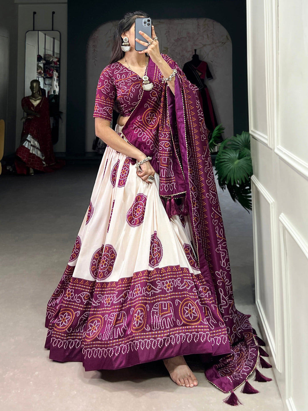 Adorable Wine Bandhani Printed Tussar Silk Lehenga Choli With Dupatta