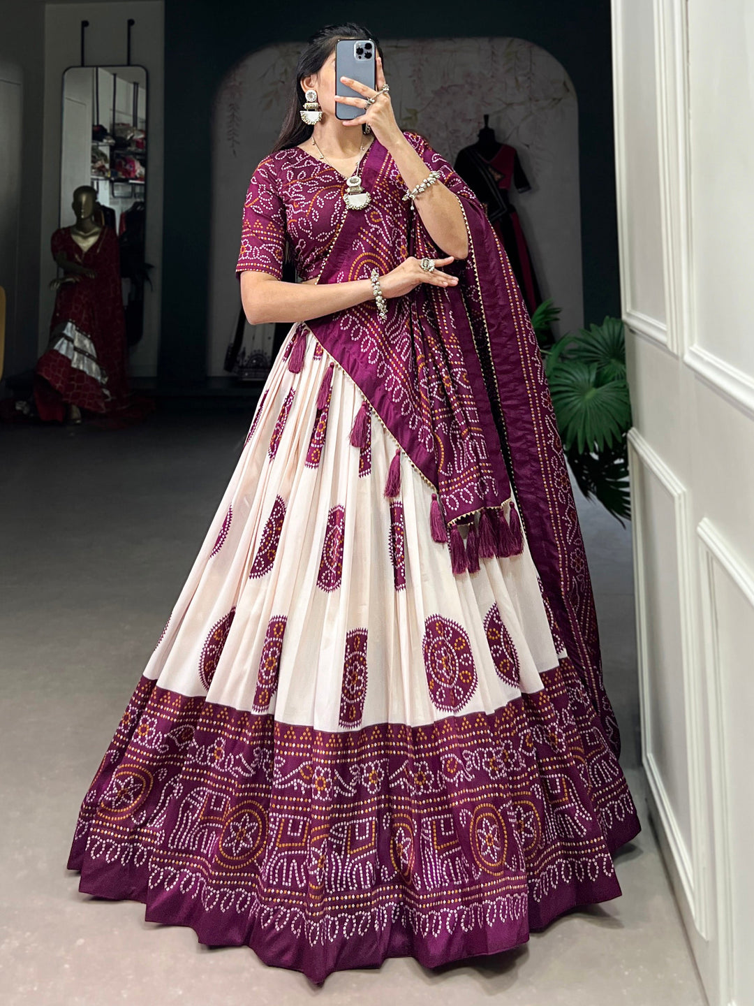 Adorable Wine Bandhani Printed Tussar-Silk Lehenga Choli With Dupatta