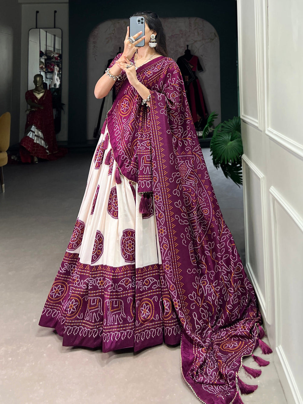 Adorable Wine Bandhani Printed Tussar Silk Lehenga Choli With Dupatta