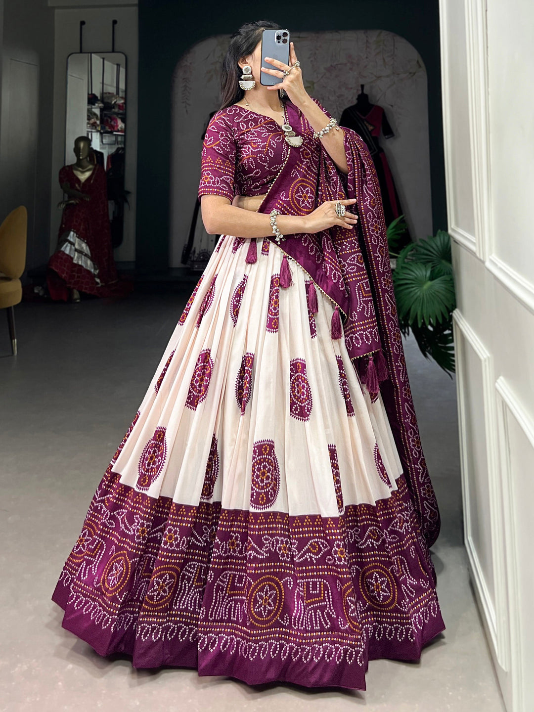 Adorable Wine Bandhani Printed Tussar Silk Lehenga Choli With Dupatta