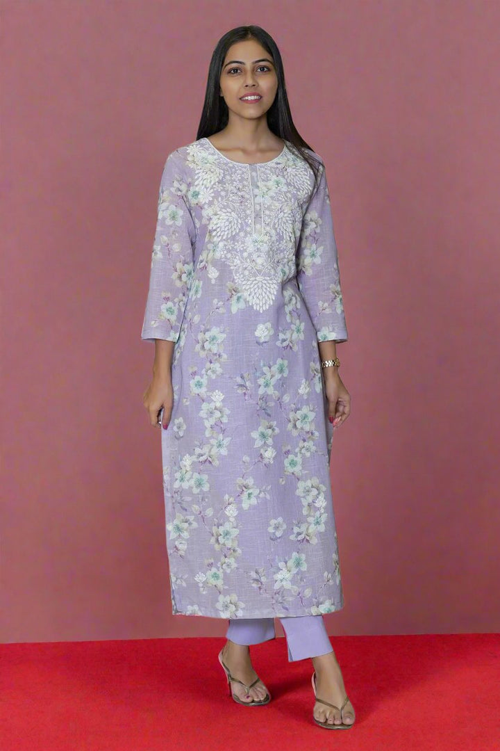 Trendy lavender kurti set featuring a cozy cotton kurta and pants, perfect for casual wear, ensuring comfort and style.