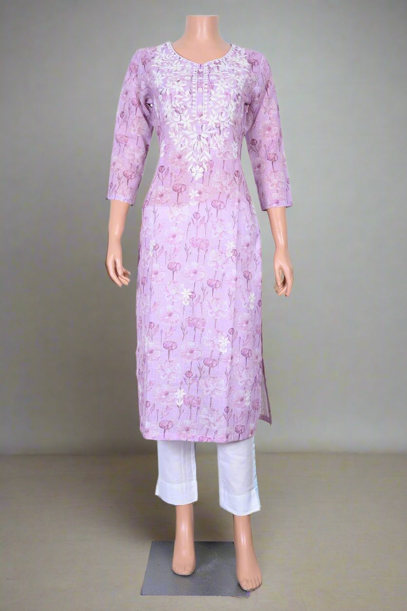 Stylish lavender cotton kurti set, women’s elegant Indian ethnic wear.