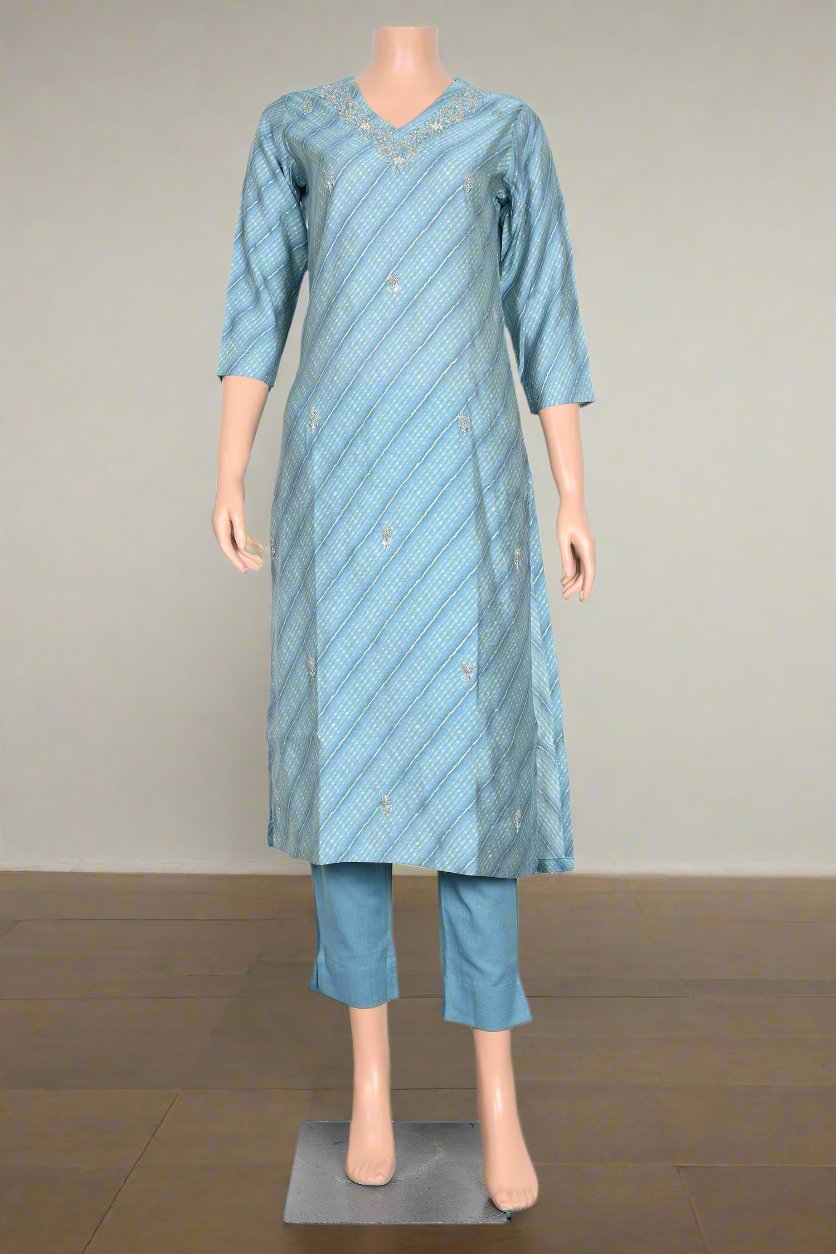 Chic blue kurti with matching cotton pants, perfect for casual wear and festive celebrations, showcasing traditional elegance.