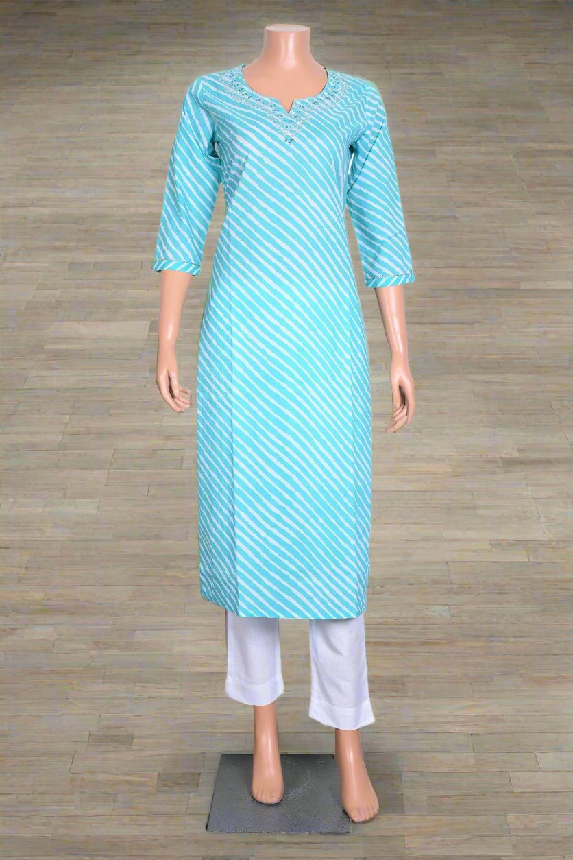 Sky blue women’s kurta with silver jari, stylish Indian casual wear.