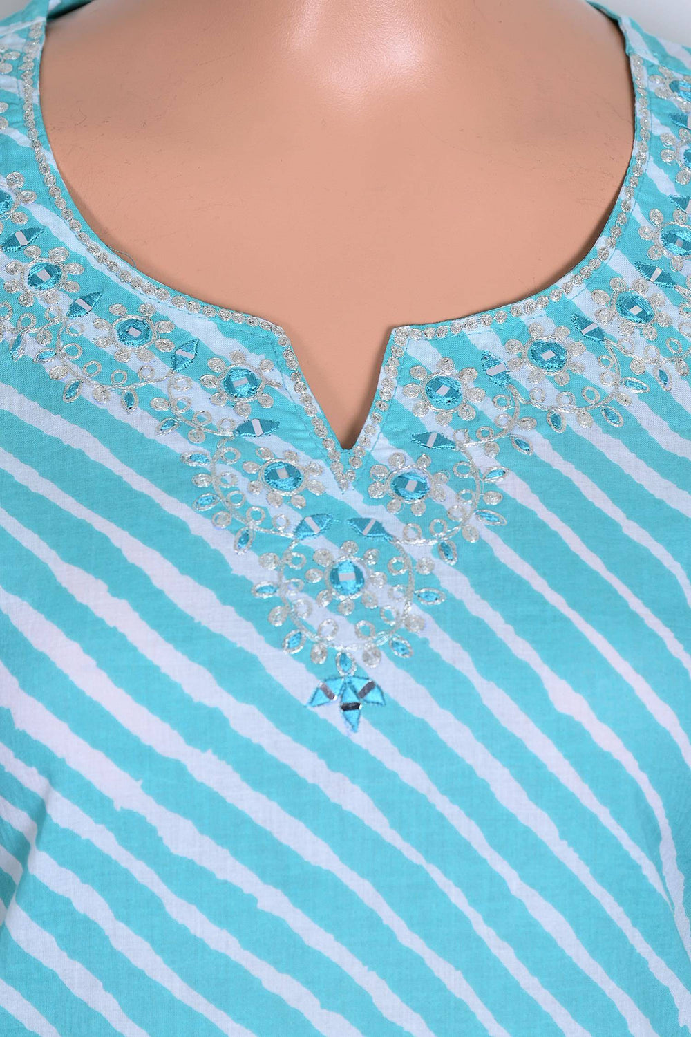 Elegant sky blue kurti for women, silver jari design, casual Indian set.