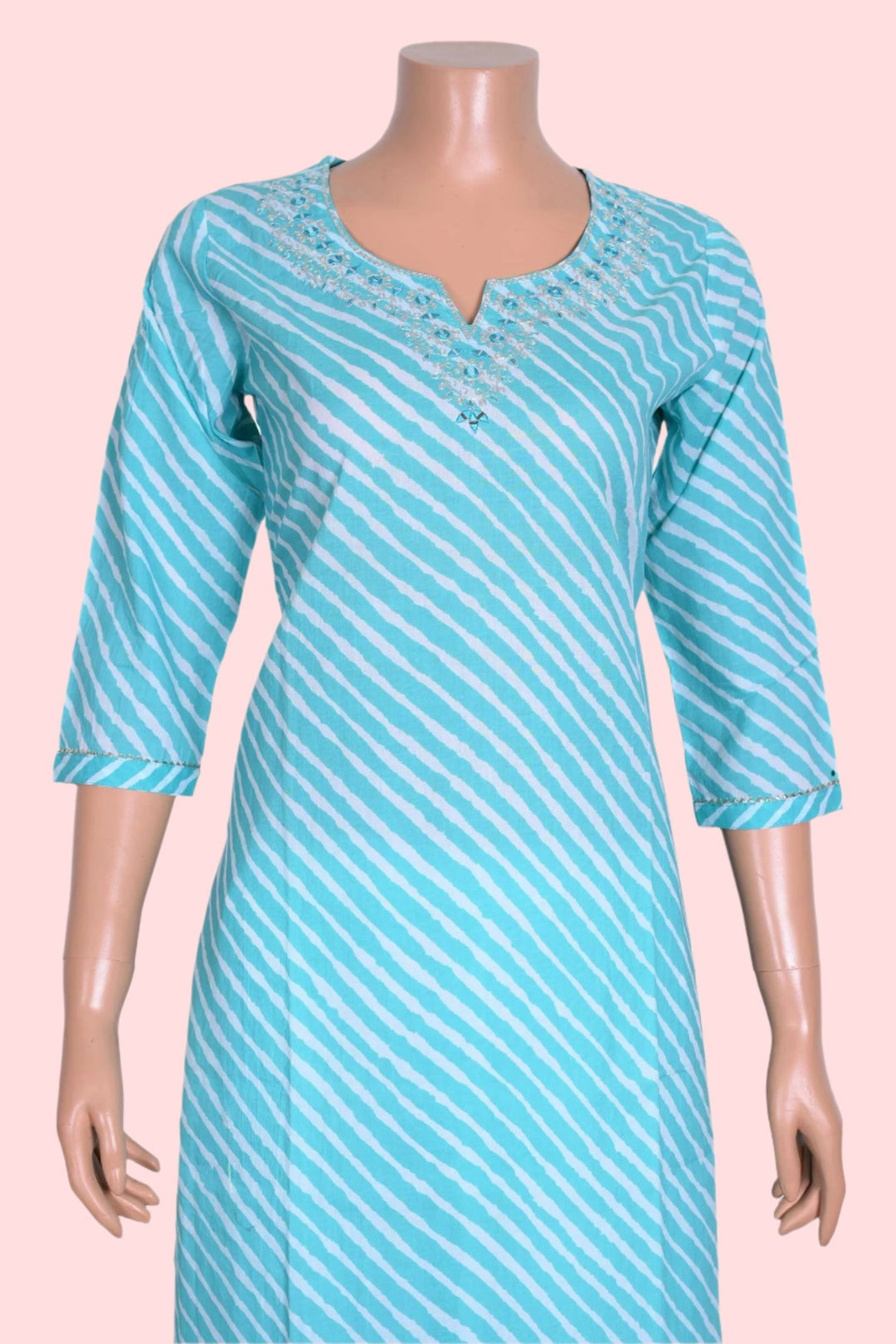 Casual Indian kurta set for women, sky blue with silver jari embroidery.