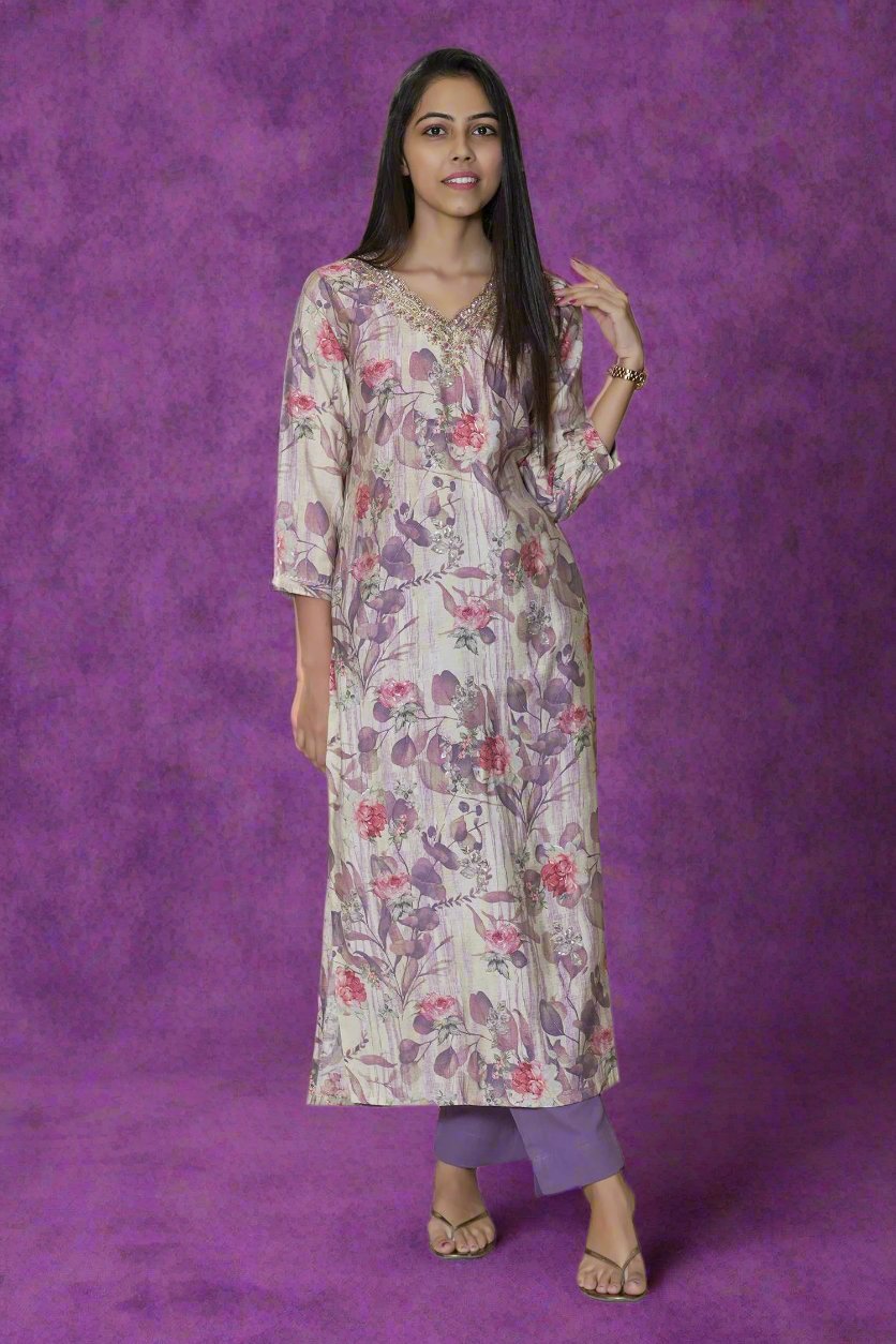 Stylish lavender kurta pant set for women, perfect for any occasion, offering a blend of elegance and comfort in ethnic fashion.