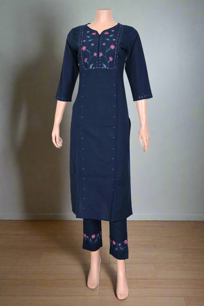 Women’s dark navy-blue kurti set, showcasing a blend of contemporary style and traditional elegance for everyday wear.