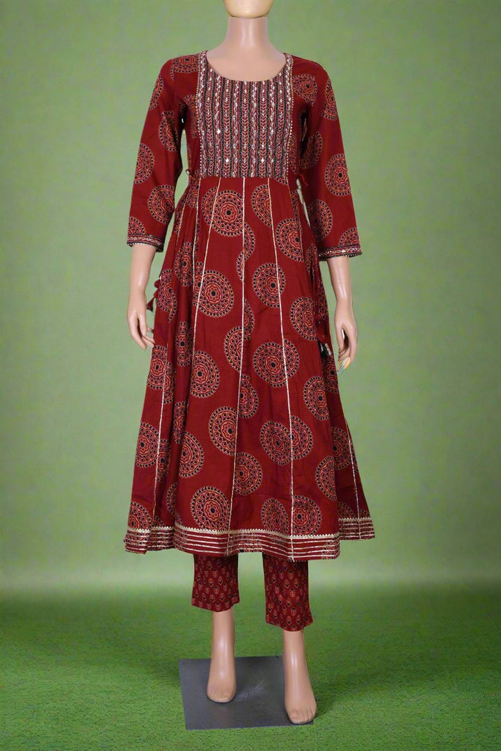 Maroon Anarkali frock with traditional Ajrakh print, designed as a comfortable kurta pant set for stylish women.