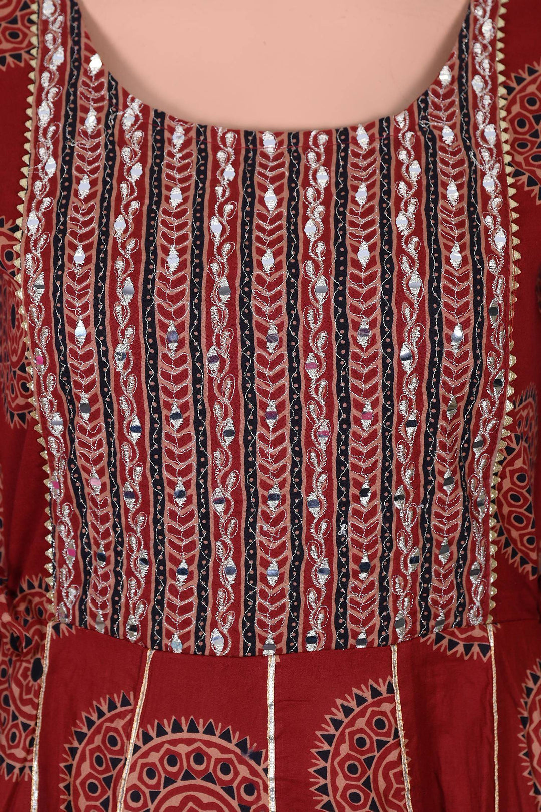 Women’s maroon Anarkali frock featuring traditional Ajrakh print, designed as a comfortable kurta pant set for any occasion