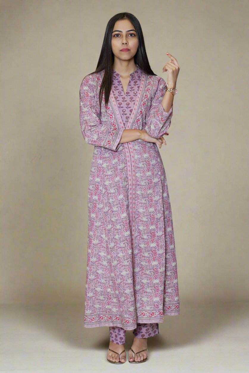 Fashionable lavender long cotton kurti set, designed for women looking to elevate their style with chic ethnic wear.