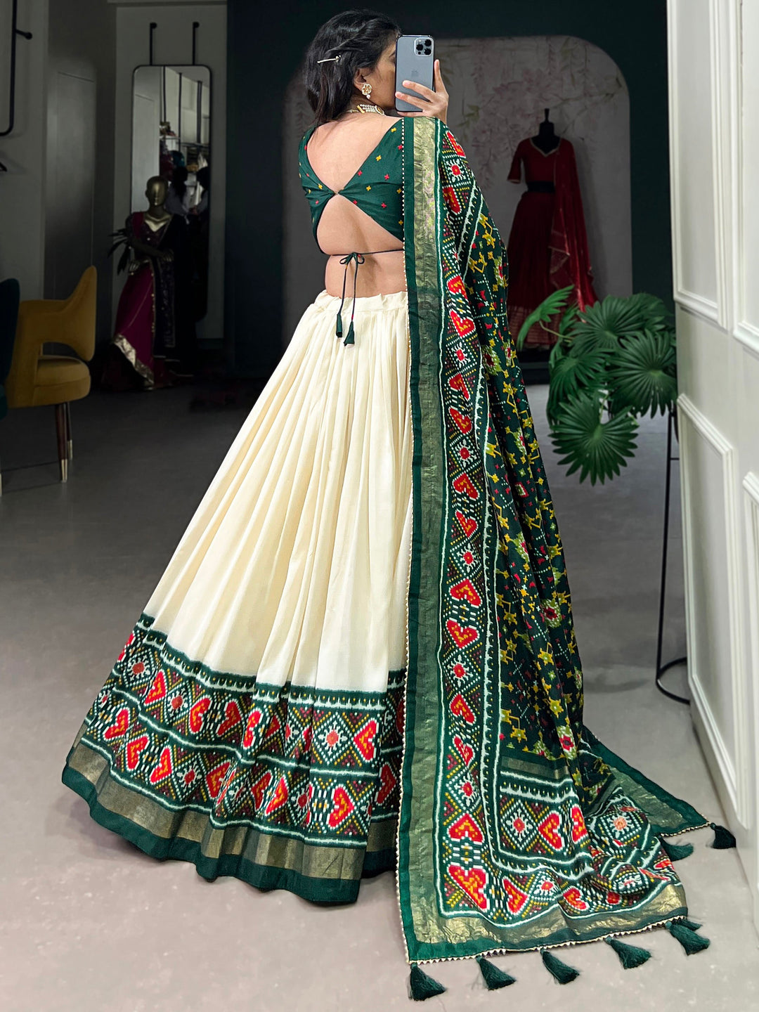 Adorable Green Patola Printed Tussar Silk Event Wear Lehenga Choli