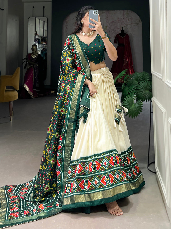 Adorable Green Patola Printed Tussar-Silk Event Wear Lehenga Choli