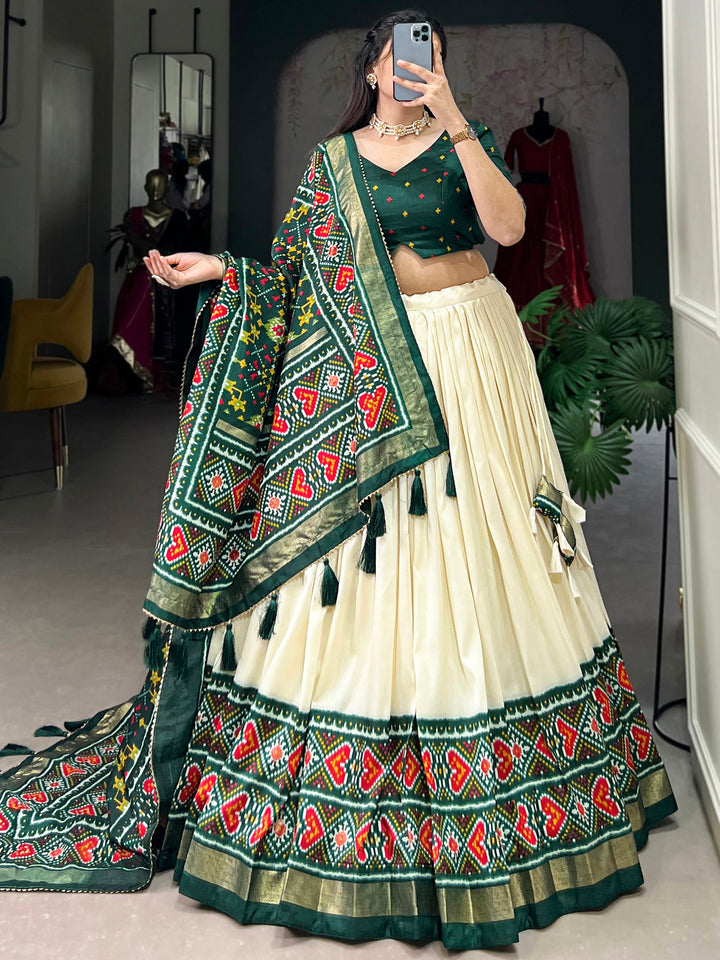 Adorable Green Patola Printed Tussar Silk Event Wear Lehenga Choli