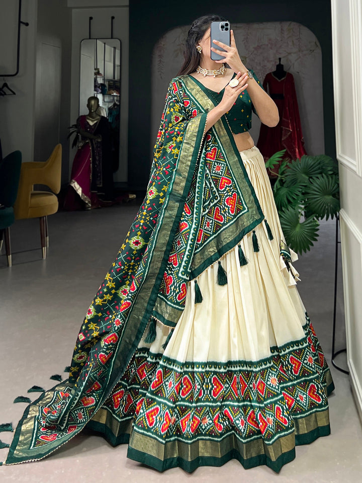 Adorable Green Patola Printed Tussar Silk Event Wear Lehenga Choli