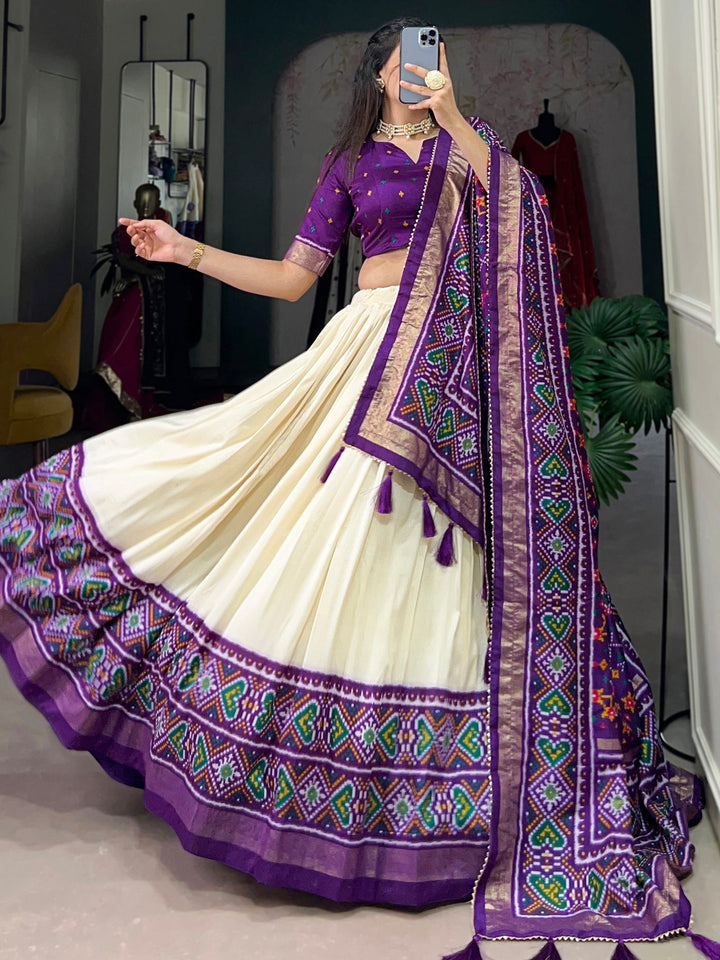 Captivating Purple Patola Printed Tussar Silk Traditional Lehenga Choli