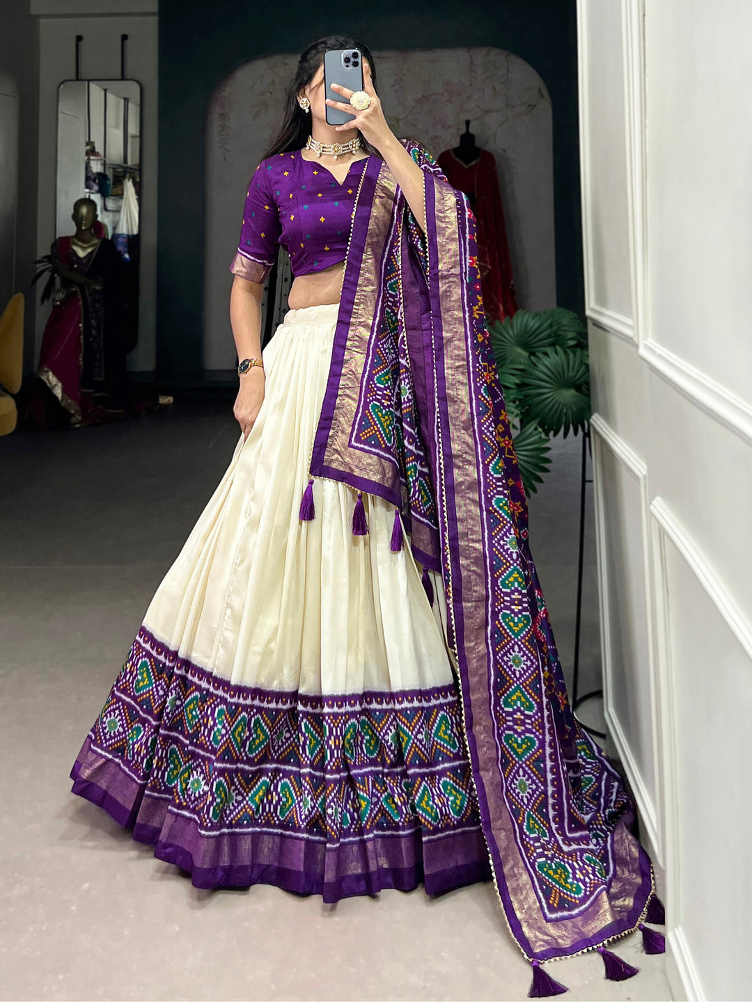 Captivating Purple Patola Printed Tussar-Silk Traditional Lehenga Choli