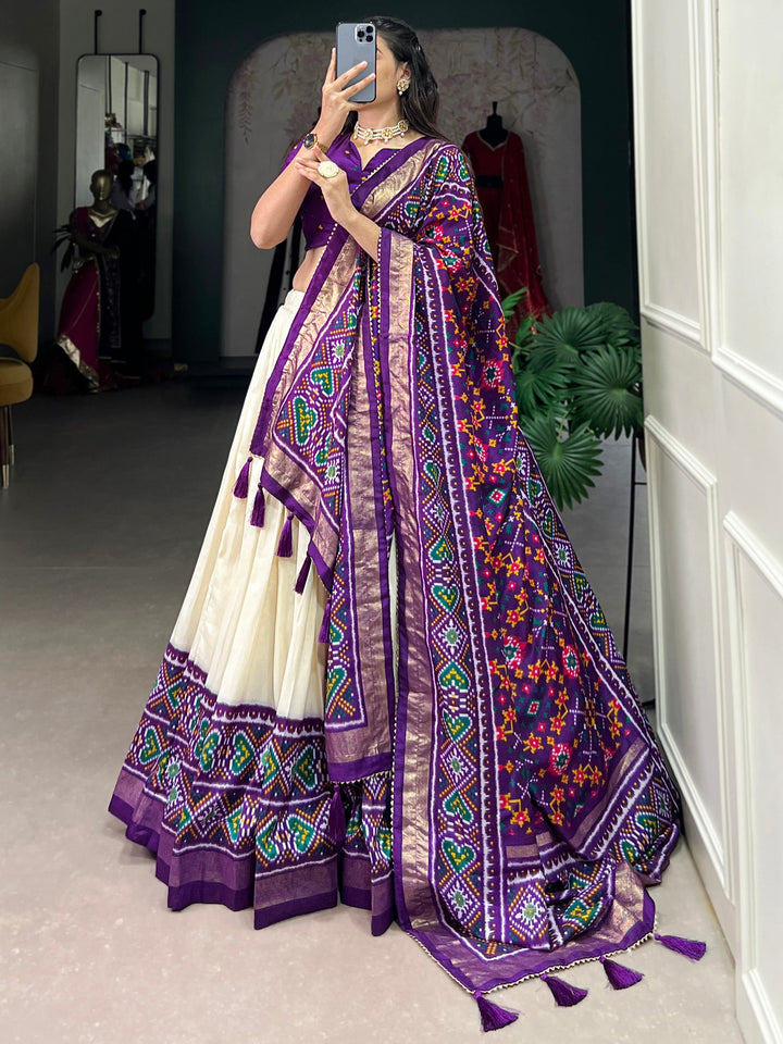 Captivating Purple Patola Printed Tussar Silk Traditional Lehenga Choli