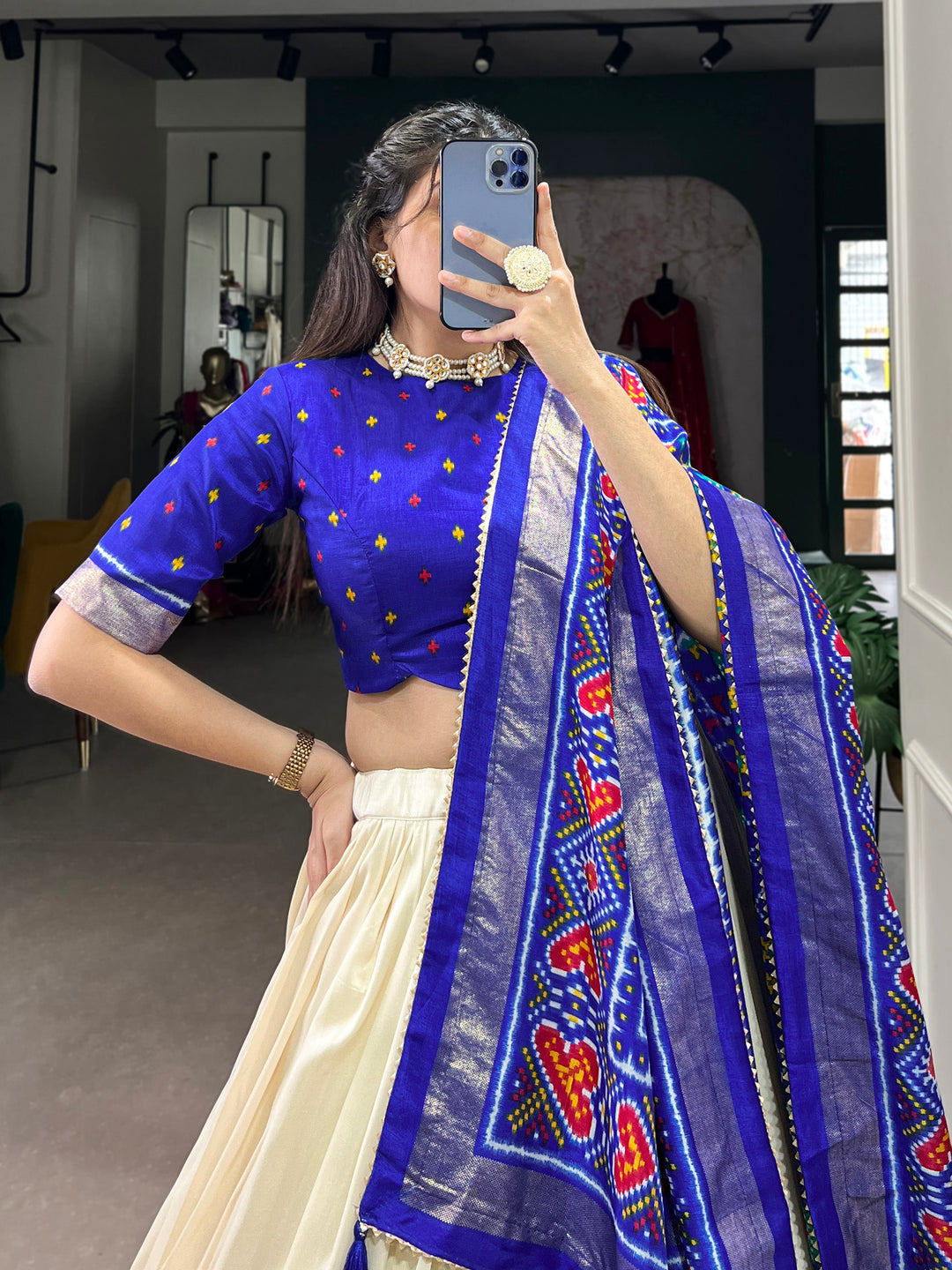 Incredible Blue Patola Printed Tussar Silk Lehenga Choli With Dupatta