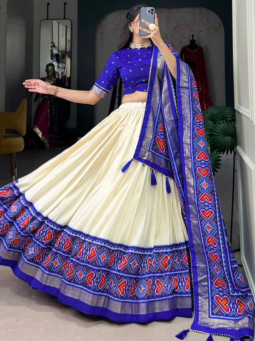 Incredible Blue Patola Printed Tussar Silk Lehenga Choli With Dupatta