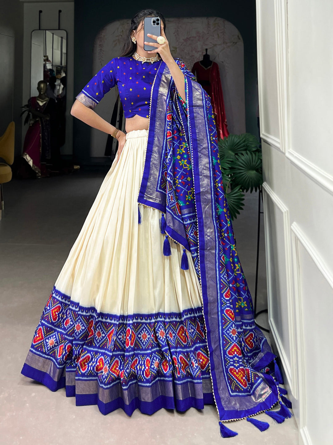 Incredible Blue Patola Printed Tussar-Silk Lehenga Choli With Dupatta