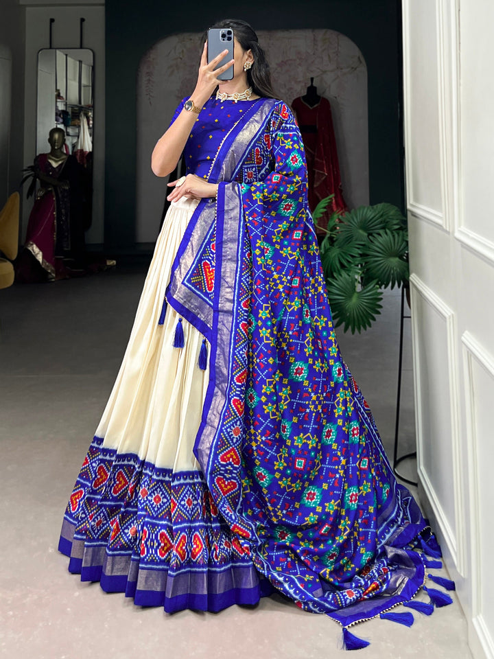 Incredible Blue Patola Printed Tussar Silk Lehenga Choli With Dupatta