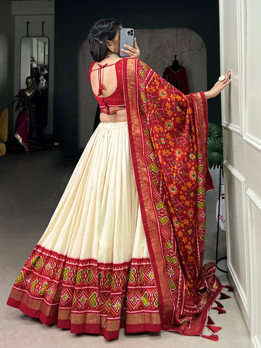 Dazzling Red Patola Printed Tussar Silk Festival Wear Lehenga Choli