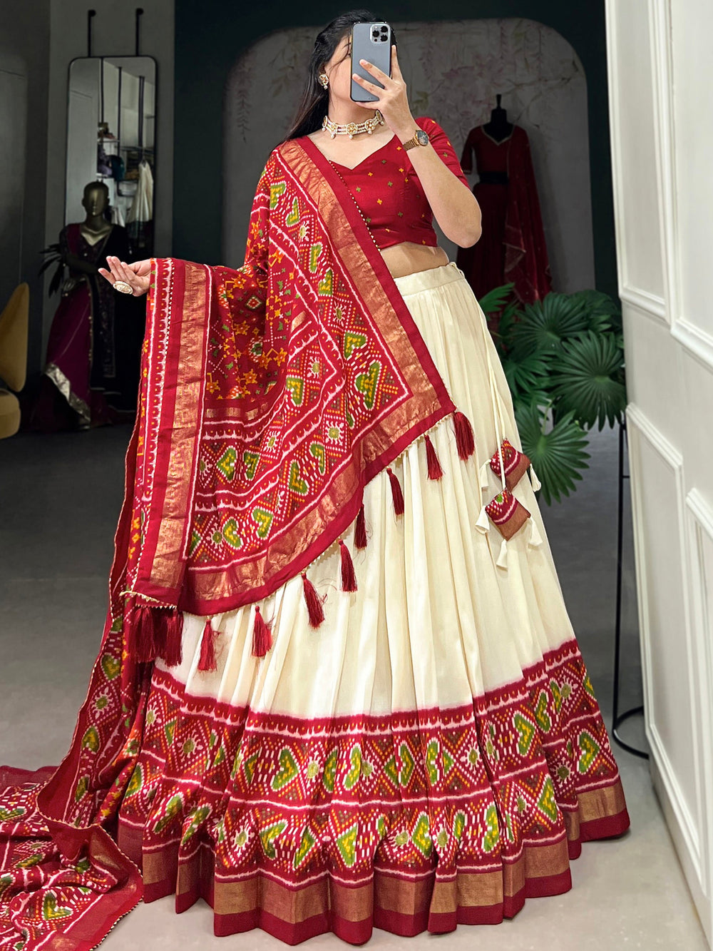 Dazzling Red Patola Printed Tussar Silk Festival Wear Lehenga Choli