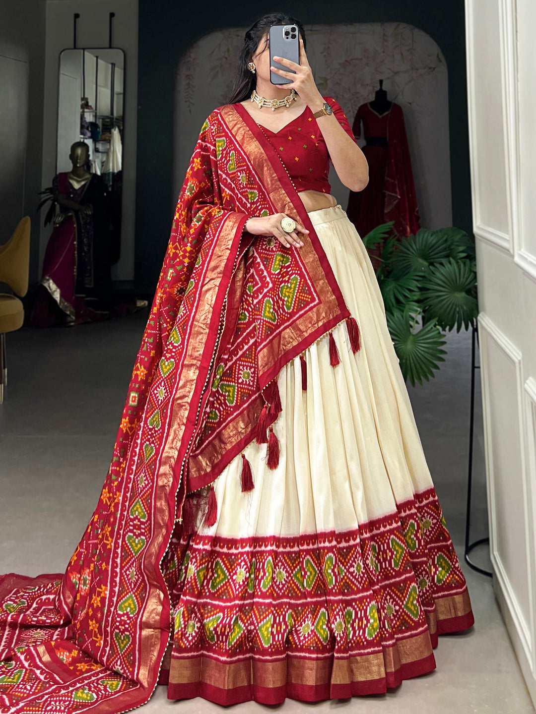 Dazzling Red Patola Printed Tussar-Silk Festival Wear Lehenga Choli