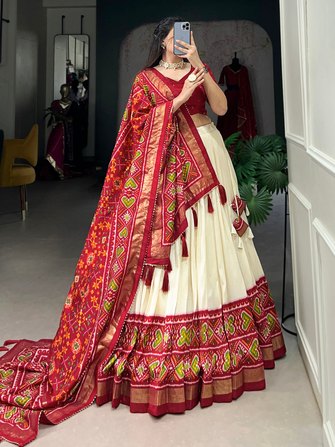 Dazzling Red Patola Printed Tussar Silk Festival Wear Lehenga Choli