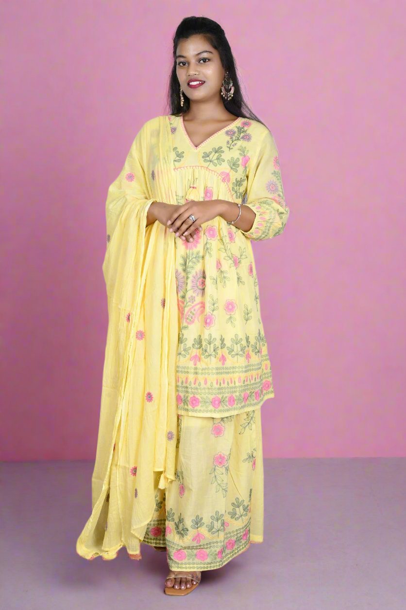 Stunning yellow sharara with frock, ideal for weddings and celebrations, blending elegance with playful charm.