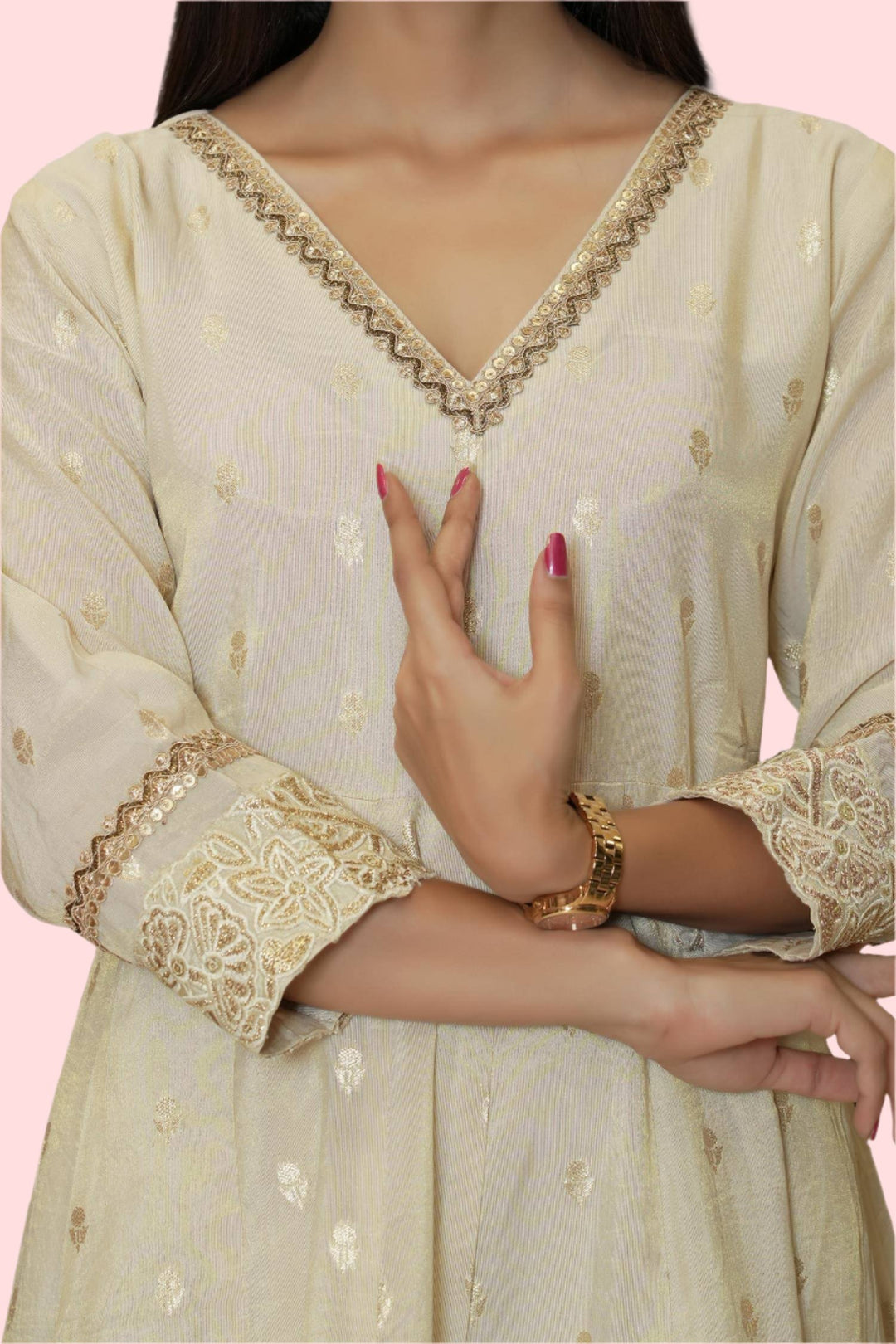 Light beige Kalidar frock kurti and salwar set, ideal for a sophisticated and chic traditional ensemble.