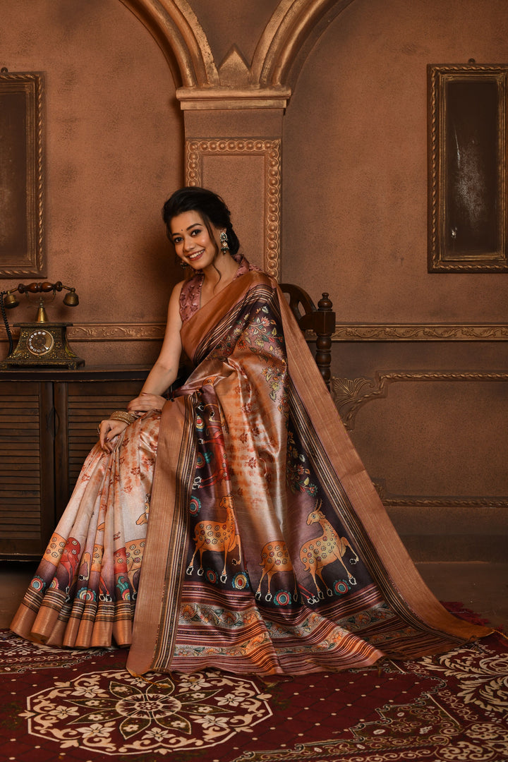 Traditional brown Kalamkari Tussar Silk Saree with contrast blouse, great for cultural occasions in the USA.