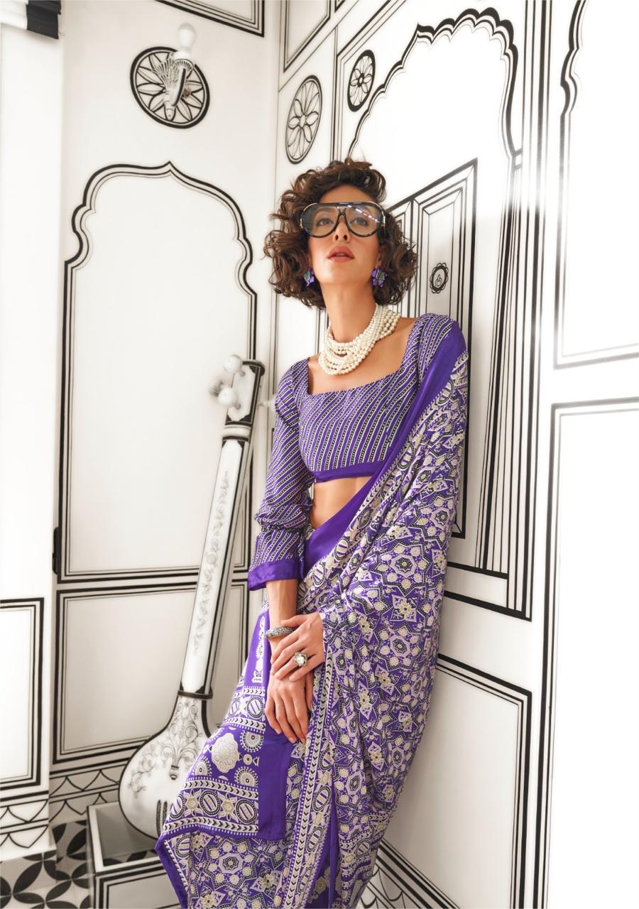 Satin crepe sari with digital Ajrakh-inspired patterns for festive events