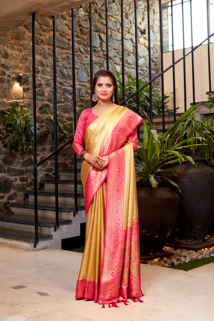 Beautiful light-green Tissue silk saree with elegant contrast border and traditional weave.